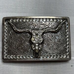 Nocona Western Belt Buckle Longhorn Steer Skull Silver Rhinestone